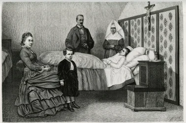 A consulta do médico no hospital de Logelbach. Gravura de E.Ronjat, para ilustrar a história "Through Alsace and Lorraine", em 1884, de Charles Grad (1842-1890), deputado alemão, escritor e naturalista. Publicado em Le Tour du monde, nouveau journal d