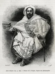 retrato de Abd El Kader (1808-1883), emir e sultão argelino, teólogo sufi, político e resistência militar ao exército colonial francês, também escritor, poeta e filósofo. Gravura de E.Ronjat, para ilustrar a história La Syria d