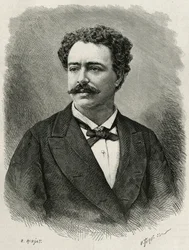 Retrato do autor e viajante Edmondo de Amicis (1846-1908), escritor italiano, gravado por E.Ronjat, para ilustrar a história de Marrocos por Edmondo de Amicis, em 1875, publicado no tour du monde, sob a direcção de Edouard Charton