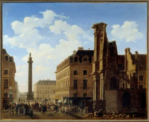 Coloque Vendome e a rua de castiglione com as ruínas da igreja do Leafy. Pintura de Etienne Bouhot (1780-1862) 1808 Sol. 0,81x0,99 m Paris, Musee Carnavalet