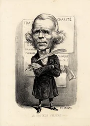 feuille volante - Ilustração de Etienne Carjat (1826-1906): Médico, medicina, sante, Carité, Anatomia, Exposição de Cartazes - Cirurgião, Velpeau Alfred (1795-1867)