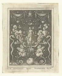 Vênus com Amor entre quatro corações ardentes Decorações de superfície com figuras de deuses em moldura de grotescos (versão posterior) (título da série)