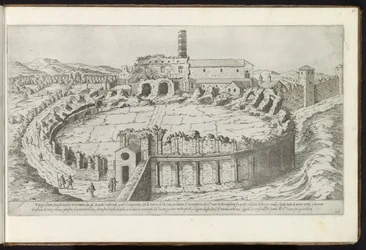 Anfiteatro Castrense te Roma Bouwwerken uit de oudheid (título da série) Os vestígios da Roma Antiga coletados e fotografados em perspectiva por Stefano Du Perac Parisino (título da série no objeto)