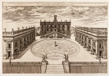 Gravura segundo o projeto de Miguel Ângelo para a Praça do Capitólio em Roma, Itália