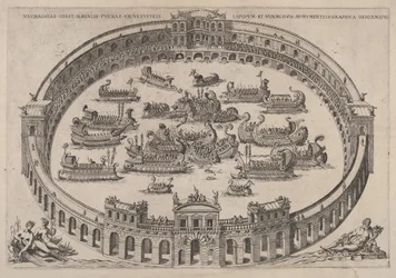 Engajamento naval situado dentro de uma arena romana, com o rio Tibre e ninfas na esquerda inferior ..., 1577-85.