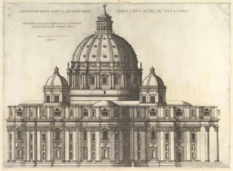 Espelho romano magnífico: Elevação Mostrando o exterior da Basílica de São Pedro ..., 1558-61.