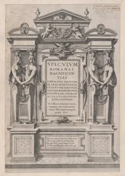 O Espelho Romano da Magnificência: Folha de rosto gravada dentro da arquitetura e escultura..., 1573-77.
