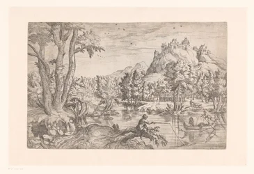 Paisagem com pescador e castelo no topo da montanha