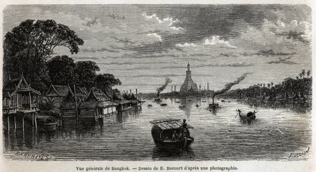 Vista geral de Banguecoque (Tailândia), desenho de E.Bocour, para ilustrar a viagem de Henri Mouhot aos reinos do Sião, Camboja e Laos, de 1858 a 1861. Gravura em "Le tour du monde", editado por Edouard Charton
