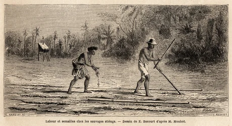 Lavrar e semear entre os selvagens Stiengs, habitantes das florestas do Camboja, desenhados por E.Bocour, para ilustrar a viagem de Henri Mouhot através dos reinos do Sião, Camboja e Laos de 1858 a 1861. Gravura em "Le tour du monde", editado