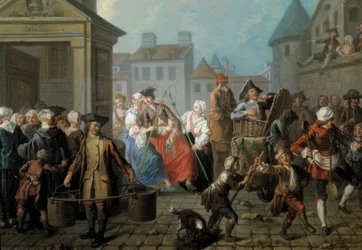 Carnaval nas ruas de Paris Detail. Pintura de Etienne Jeaurat (1699-1789) 1757. Dim. 0,65 x 0,82m Paris, musee Carnavalet