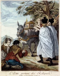 Relíquias de burros. Ilustração para a fábula de Jean de La Fontaine. Pintura de Etienne Jeaurat (1699-1789)