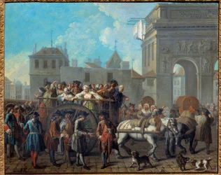 A conduta das meninas da alegria no Salpetriere, a passagem pelos portões de São Bernardo O atual Hospital Salpetriere era originalmente uma prisão e um hospital para mulheres. Pintura de Etienne Jeaurat (1699-1789) 1757 Dim. 0,65 x 0,82 m Paris, Musee Car