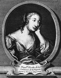 Retrato medalhão de Marie-Madeleine Pioche de La Vergne, comtesse de La Fayette (1634-1693), romancista francesa, gravura de Etienne Jehandier Desrochers (1668-1741)