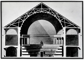 Biblioteca Real de França, desenho em corte do edifício. Arquitectura de Étienne-Louis Boullée, arquitecto francês (1728-1799).