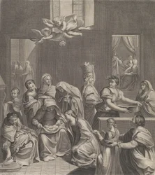 O nascimento da Virgem, mulher sentada com uma criança no colo, numerosas mulheres ao redor..., 1677.