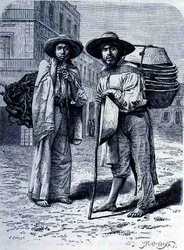 Charcoal and Batteas Vendors, de As Antigas Cidades do Novo Mundo, de Claude-Joseph-Desire Charnay, gravada por Henri-Theophile Hildebrand (1824-97), pub. 1887