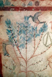 Um pássaro sentado em uma pequena árvore (Fresco, detalhe, 530 aC)