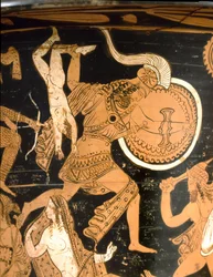 Antiguidade etrusca: cratera de sino representando a destruição de Troia: pormenor que mostra Neoptólemo a atirar Astíanax, filho de Heitor, por cima das muralhas. Proveniente de Falerii Veteres (Civita Castellana). 350-300 a.C. Roma, Museo Nazionale di