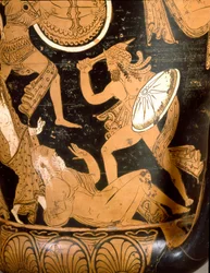 Antiguidade etrusca: cratera em forma de sino que representa a destruição de Troia: pormenor que representa Príamo morto por Neoptólemo. Proveniente de Falerii Veteres (Civita Castellana). 350-300 a.C. Roma, Museo Nazionale di Villa Giulia