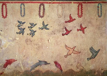 Aves aquáticas e golfinhos saltitantes, do Túmulo da Caça e Pesca, c.520-10 aC (pintura mural)