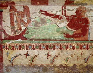 Cena do banquete. (Detalhe do fresco, 520 a.C.)