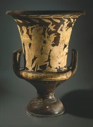 Calyx-krater (jarro grande). Cerâmica de algarismos vermelhos de Perugia (Úmbria). Civilização Etrusca, Século IV a.C.