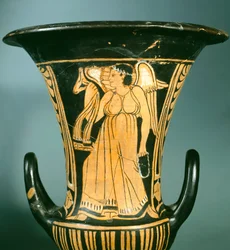 Calyx-krater (vaso grande) do Pintor Berkeley que retrata um espírito alado. Civilização Etrusca, Século IV AC.