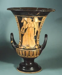Calyx-krater (vaso grande) do Pintor Berkeley que retrata um espírito alado. Cerâmica com algarismos vermelhos. Civilização Etrusca, Século IV a.C.