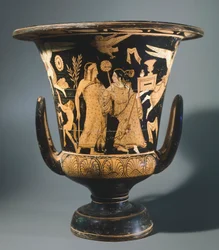 Calyx-krater (vaso grande) do Pintor de Nazzano. Cerâmica de algarismos vermelhos. Civilização Etrusca, Século IV a.C.
