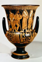 Calyx-krater (vaso grande) do Pintor Turmuca retratando uma cena do submundo com Charon e meninas. Cerâmica de figuras vermelhas de Vulci (Lazio). Civilização Etrusca, 330-300 AC.