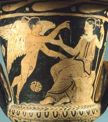 Calyx-krater (vaso grande) do Pintor Villia Giulia que retrata Athena e um espírito alado. Cerâmica de algarismos vermelhos de Cerveteri (Lazio). Civilização Etrusca, Século IV a.C.