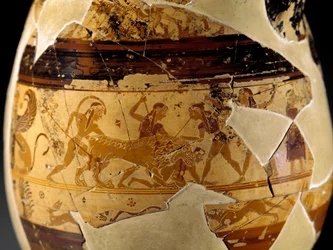 Antiquite etrusco: olpe em argila (jarro em forma de pêra com colarinho alto em forma de trombeta) conhecido como Olpe Chigi em estilo protocorynthian policromado decorado pelo pintor de Macmillan, 640-630 AC. Detalhe representando uma cena de caça ao leão