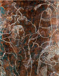 Arte etrusca: pormenor da Cista Ficoroni de bronze que representa a lenda dos Argonautas: um Argonauta a treinar pugilismo. Proveniente de Preneste (Palestrina). 340 a.C. Museo Nazionale di Villa Giulia, Roma