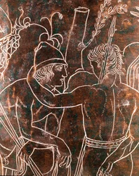 Arte etrusca: pormenor da Cista Ficoroni de bronze que representa a lenda dos Argonautas. Proveniente de Preneste (Palestrina). 340 a.C. Museo Nazionale di Villa Giulia, Roma