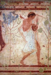 Arte etrusca: frescos que representam cenas de banquete, pormenor com um tocador de lira. Túmulo do Triclínio. Século V a.C. Museu Arqueológico Nacional de Tarquinia, Itália