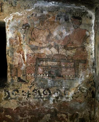 Civilização etrusca: Larth Velcha e a sua mulher Velia Seithi representados num banquete num fresco do túmulo dos «Scudi» (Tomba degli Scudi), 340 a.C. Necrópole dos Monterozzi, Tarquinia, Itália