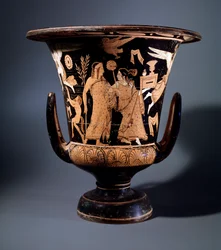 Civilização etrusca: decoração de cratera de terracota pelo pintor de Nazzano representando Apolo e um menade, 350 aC Dim 57 cm, do local de Civita Castellana