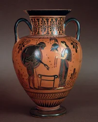 Civilização etrusca: hidria de terracota representando Tétis entregando as armas a seu filho Aquiles, 550-500 aC De Cerveteri, Itália