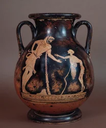 Civilização etrusca: pelike de terracota representando Hércules e um homem velho, símbolo da velhice, de Cerveteri, Itália, século V a IV aC