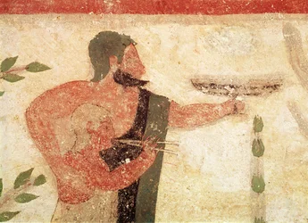 Cabeça, de, um, homem criança, tocando, um, dobro, flauta, de, a, túmulo barão, c.500, bc, parede, quadro, detalhe, de, 407470