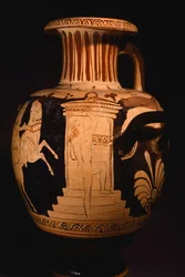 Hidria pelo Pintor do Biga Vaticana (Carruagem Vaticana), mostrando detalhes da edícula com o pintor a trabalhar. Cerâmica de algarismos vermelhos. Civilização Etrusca, Século IV a.C.