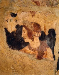 Itália, região do Lácio, Tarquinia (província de Viterbo), necrópole etrusca, Túmulo de Orcus, detalhe de cena de banquete com retrato de mulher conhecida como Velia Velcha (Velia Spurinas), esposa de Arnth Velcha, afresco