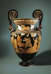 Itália, Lazio, Civita Castellana, krater (jarro usado para misturar vinho e água) com figuras de Peleus Thetis, pintado por Aurora Painter, 360/340 A.C.