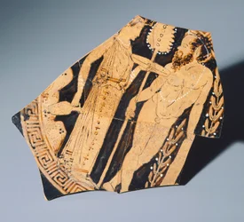 Kylix do Pintor Villia Giulia, fragmento. Cerâmica com algarismos vermelhos. Civilização Etrusca, Século IV a.C.