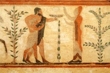 Homem e criança diante dos mortos Heroisee, do túmulo do barão, c.500 aC (pintura de parede) (para detalhes ver 407469)