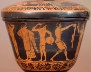 Pyxis com atletas que realizam disco e outras disciplinas. Cerâmica de algarismos vermelhos, de Cerveteri (Lazio). Civilização Etrusca, Século IV AC.