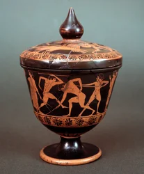 Pyxis com representação de cena de palaestra, terracotta, 520-500 a.C.