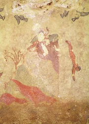 Rocha e mergulhadores, do túmulo da caça e pesca, c. 5-20-10 AC (pintura de parede)