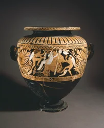 Stamnos (recipiente de armazenagem de líquidos). Cerâmica de algarismos vermelhos de Porano (Úmbria). Civilização Etrusca, Século IV a.C.